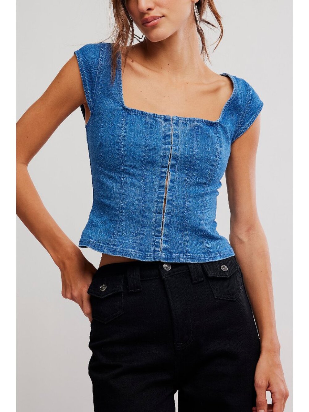Free People Blue Denim Square Neck Tank